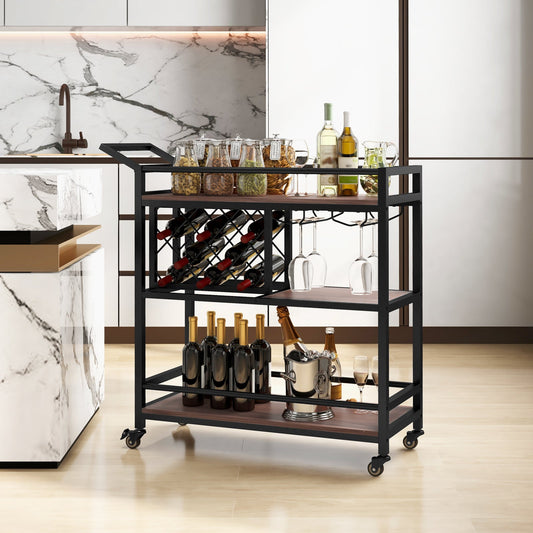 3-tier Bar Cart on Wheels Home Kitchen Serving Cart with Wine Rack and Glasses Holder-Brown - Tampa Home & Garden Store