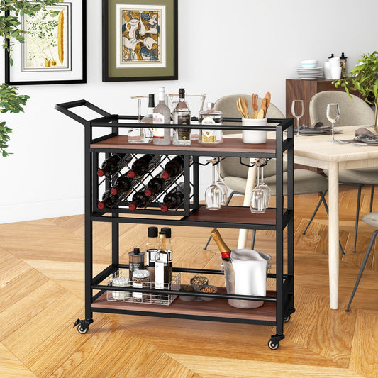 3-tier Bar Cart on Wheels Home Kitchen Serving Cart with Wine Rack and Glasses Holder-Brown - Tampa Home & Garden Store