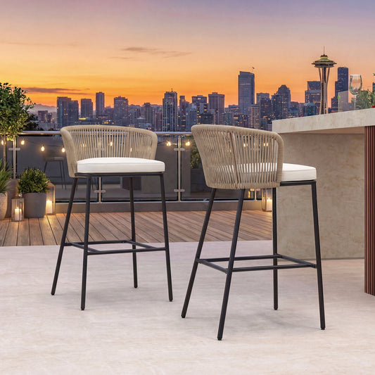 Bar Height Woven Rope Patio Chairs Set of 2-White - Tampa Home & Garden Store