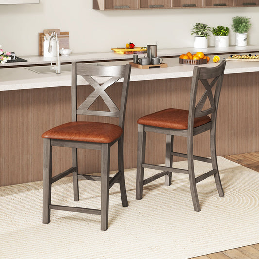 Bar Stools Set of 2 with Cross Back and Faux Leather Upholstered Seat-Gray - Tampa Home & Garden Store