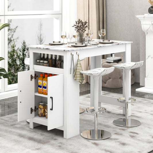 Mesa de bar de mármol sintético con 7 ganchos para colgar y compartimento - Blanca