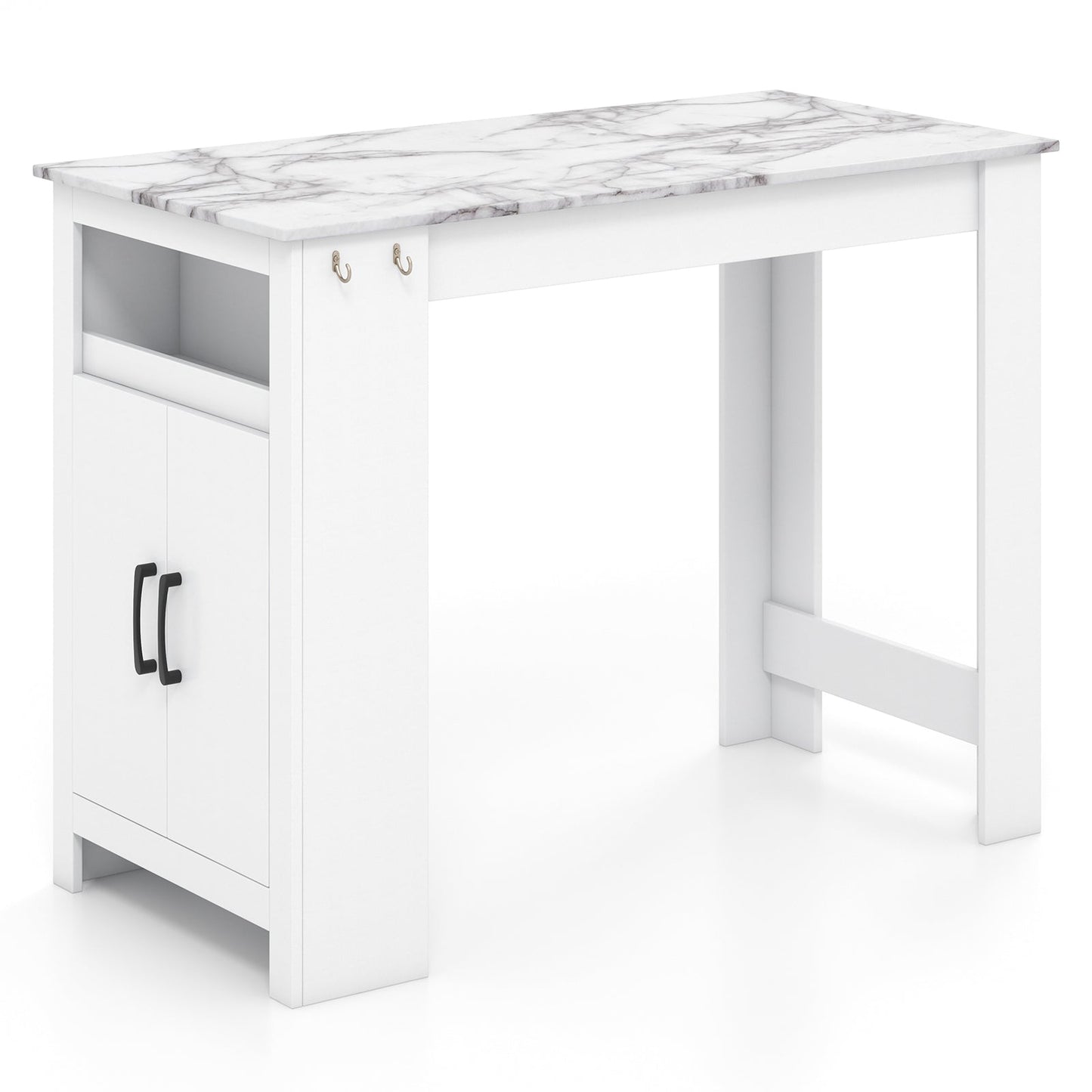 Mesa de bar de mármol sintético con 7 ganchos para colgar y compartimento - Blanca