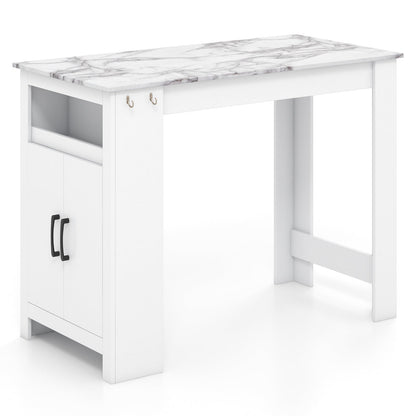 Mesa de bar de mármol sintético con 7 ganchos para colgar y compartimento - Blanca