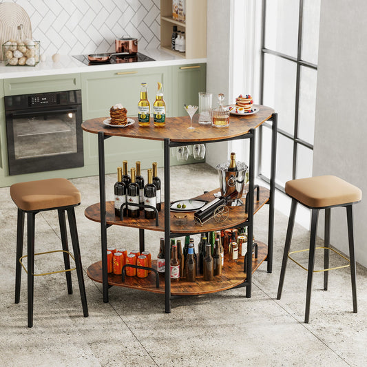 3-Tier Liquor Bar Table with Stemware Racks and Storage Shelves-Rustic Brown - Tampa Home & Garden Store
