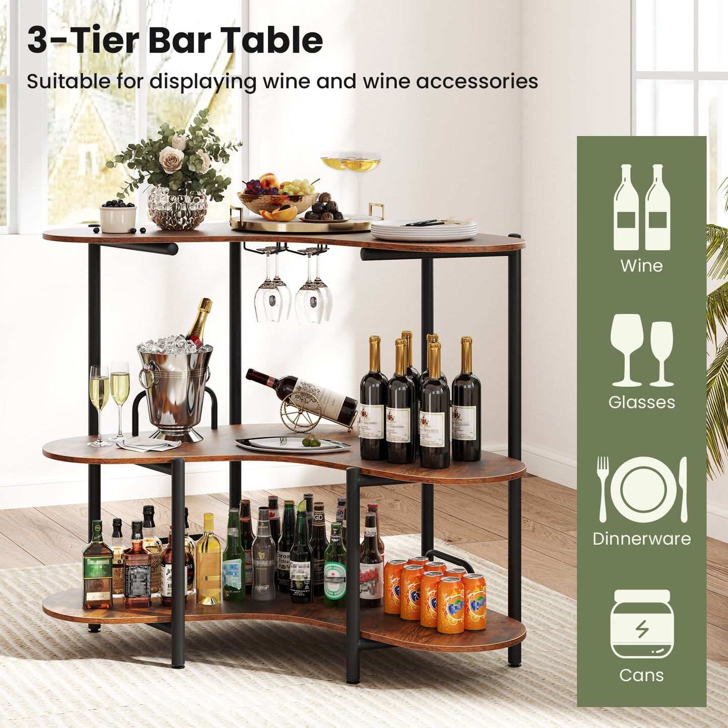 3-Tier Liquor Bar Table with Stemware Racks and Storage Shelves-Rustic Brown
