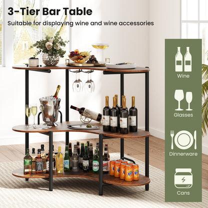 3-Tier Liquor Bar Table with Stemware Racks and Storage Shelves-Rustic Brown