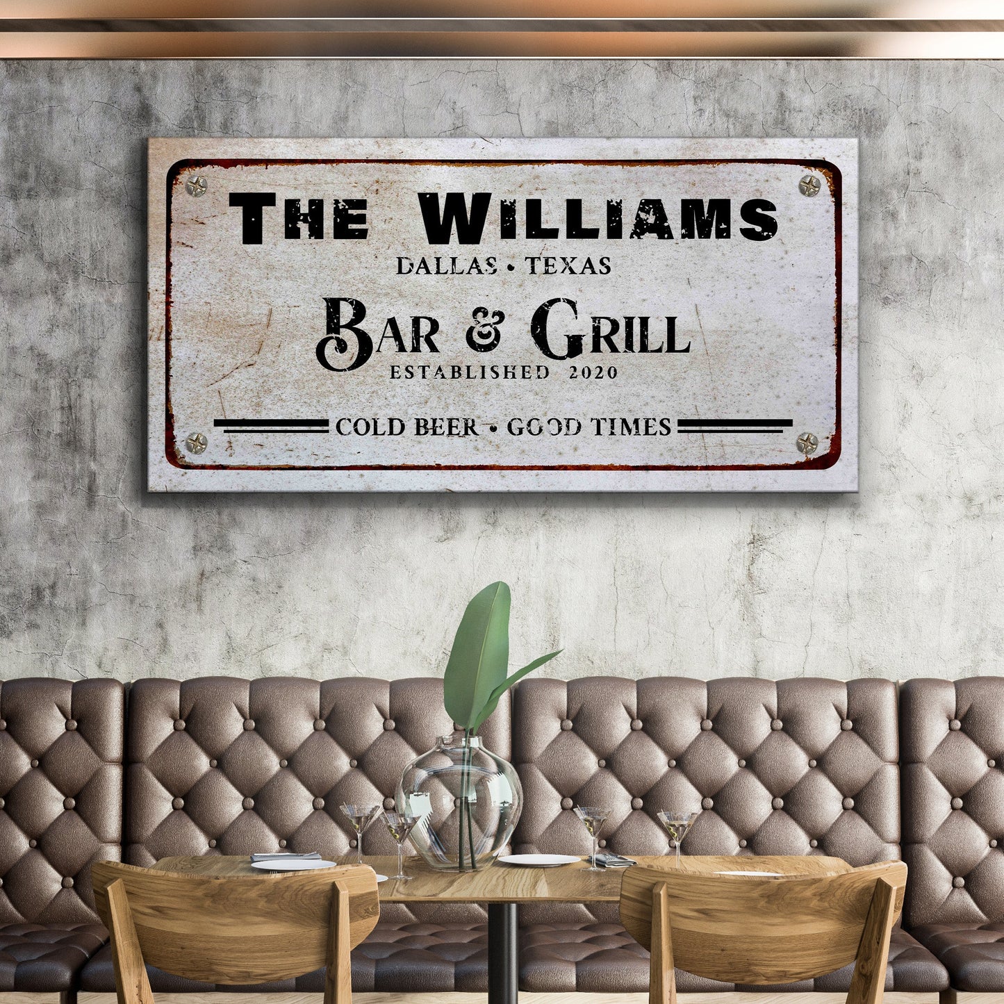 Bar and Grill Sign VII canvas by Tailored Canvases; distressed vintage look with bold black type on Tampa Home & Garden Store