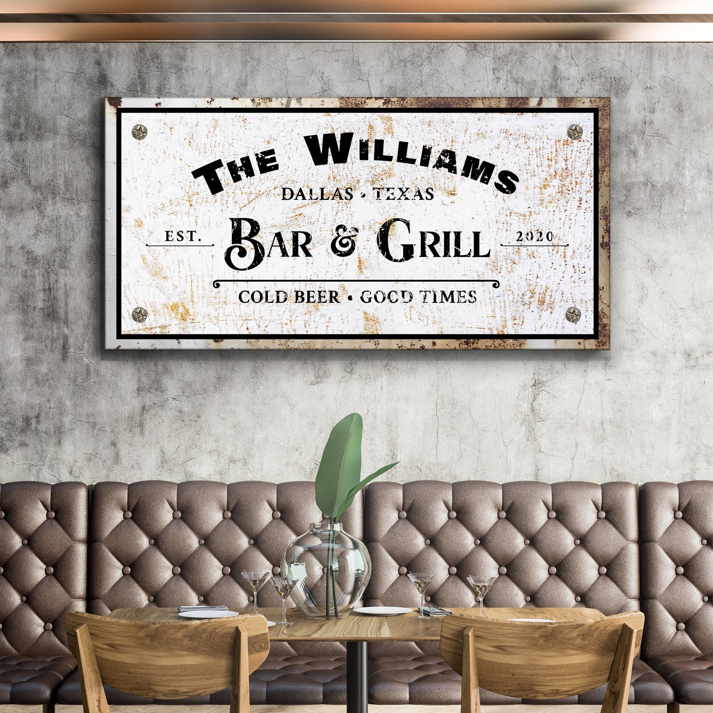 Bar and Grill Sign VIII canvas with distressed white surface, black frame; rustic bar decor on Tampa Home & Garden Store