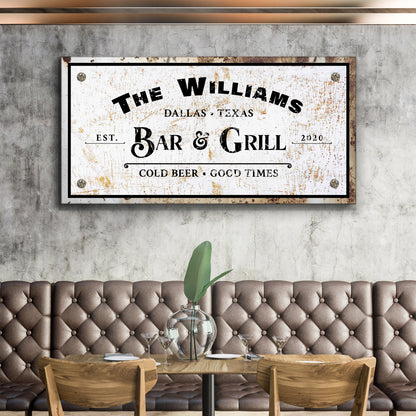 Bar and Grill Sign VIII canvas with distressed white surface, black frame; rustic bar decor on Tampa Home & Garden Store
