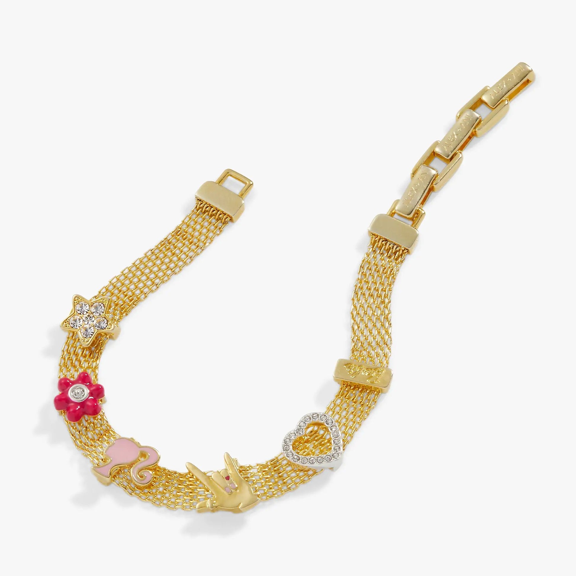 Barbie Multicharm Mesh Chain Bracelet in gold tone with star and flower charms on Tampa Home & Garden Store