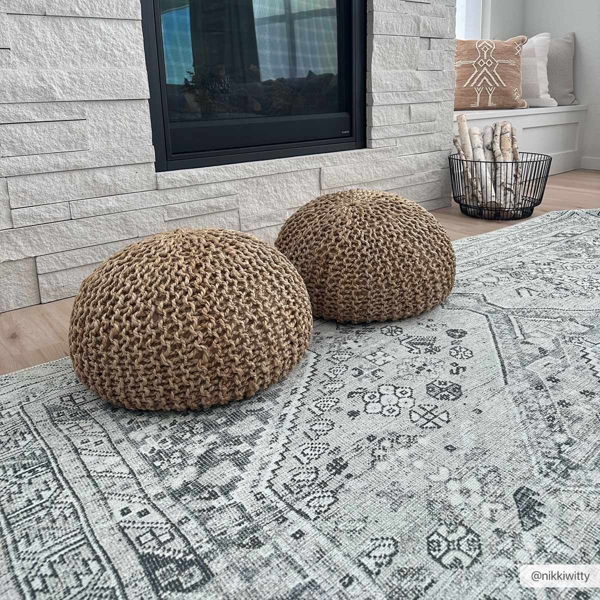 Barny Sage Flat Pile Washable Rug by Boutique Rugs, sage flatweave with 2 natural knit poufs on Tampa Home & Garden Store