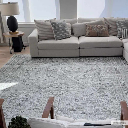 Barny Sage Flat Pile Washable Rug Boutique Rugs, light gray with pattern in living room on Tampa Home & Garden Store
