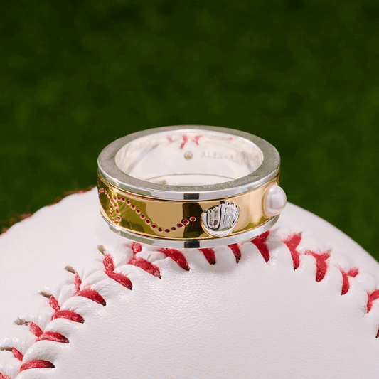 Baseball Fidget Ring by ALEX AND ANI gold-tone band with silver baseball charm and dot accents on Tampa Home & Garden Store