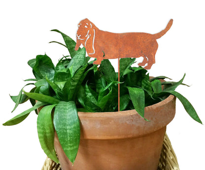 Basset Hound plant stake rust-colored metal silhouette in terracotta pot with green leaves on Tampa Home & Garden Store