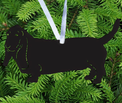 Basset Hound plant stake silhouette in black metal with hanging ribbon by Rustica Ornamentals on Tampa Home & Garden Store