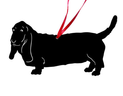 Basset Hound plant stake ornament silhouette with red hanging ribbon by Rustica Ornamentals on Tampa Home & Garden Store