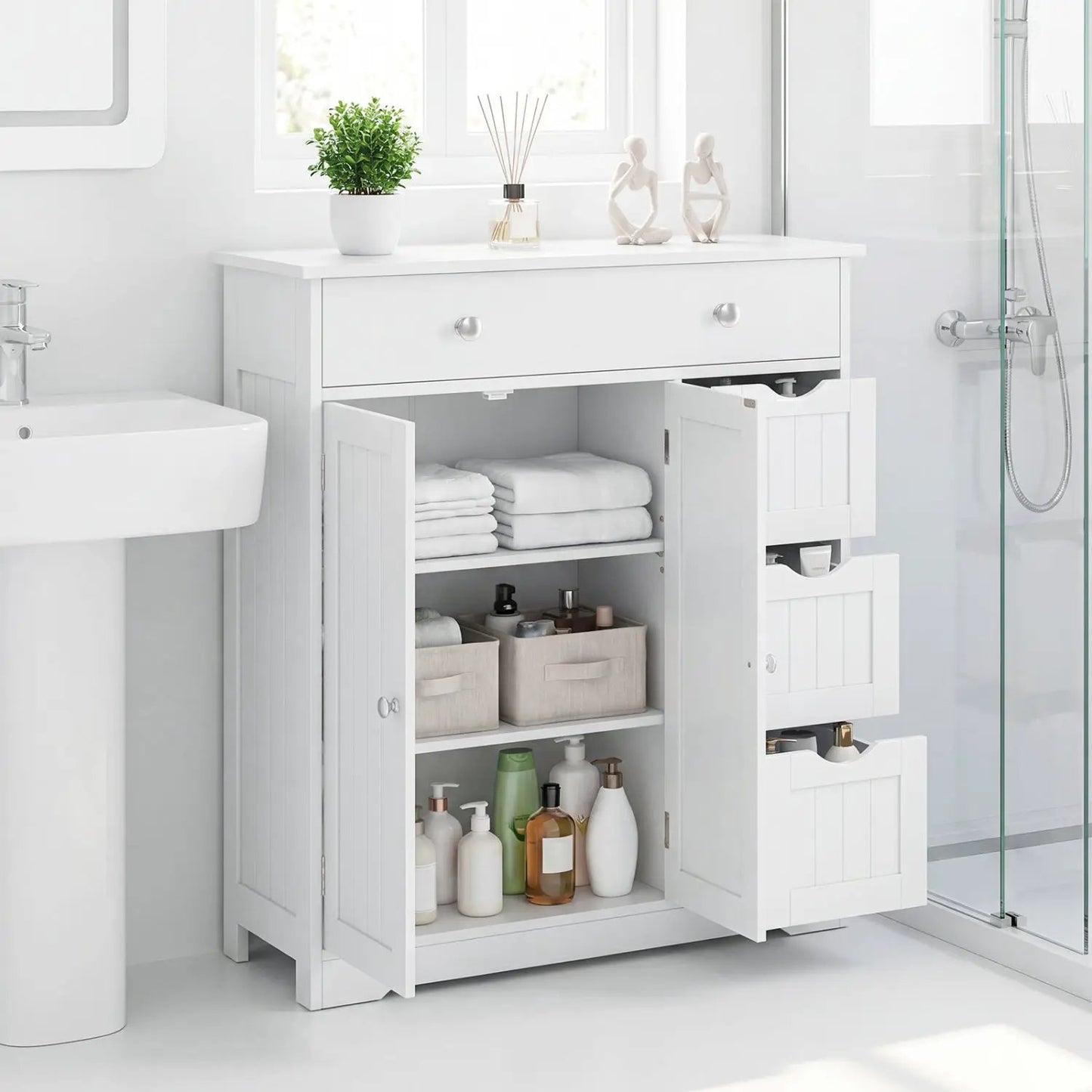 Bathroom Floor Cabinet with 4 Drawers and 2 Doors