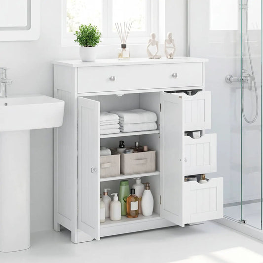 Bathroom Floor Cabinet DirectDeals in white with 4 drawers and 2 doors, open shelves with towels on Tampa Home & Garden Store