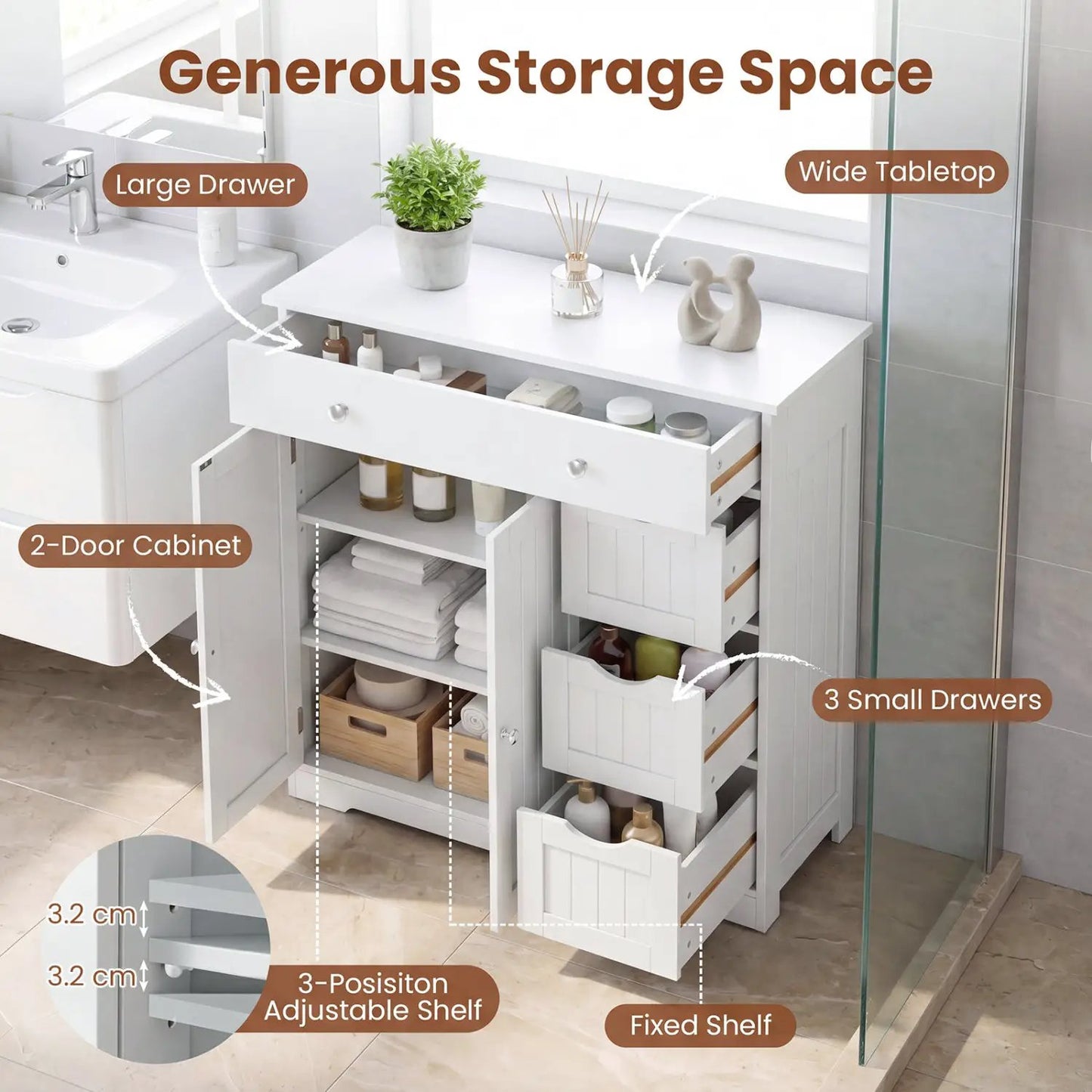Bathroom Floor Cabinet with 4 Drawers and 2 Doors