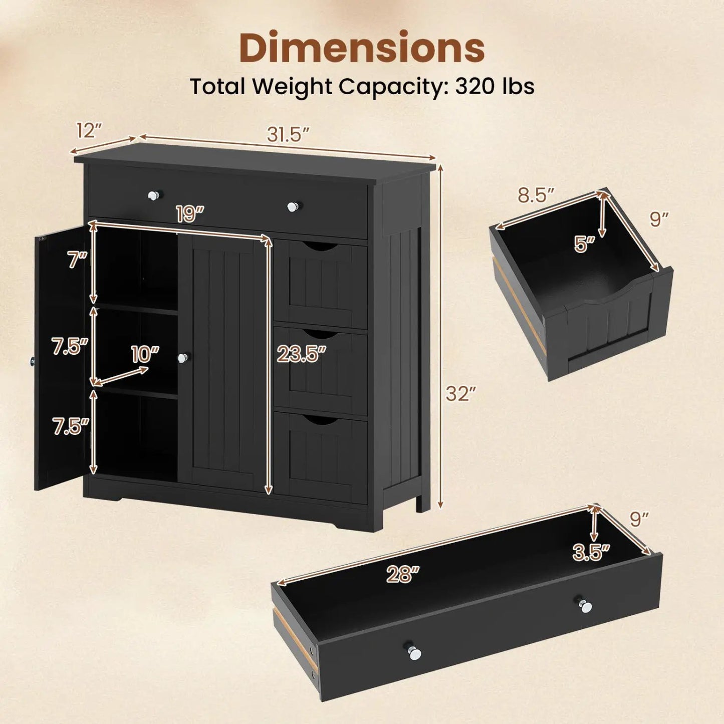 Bathroom Floor Cabinet with 4 Drawers and 2 Doors