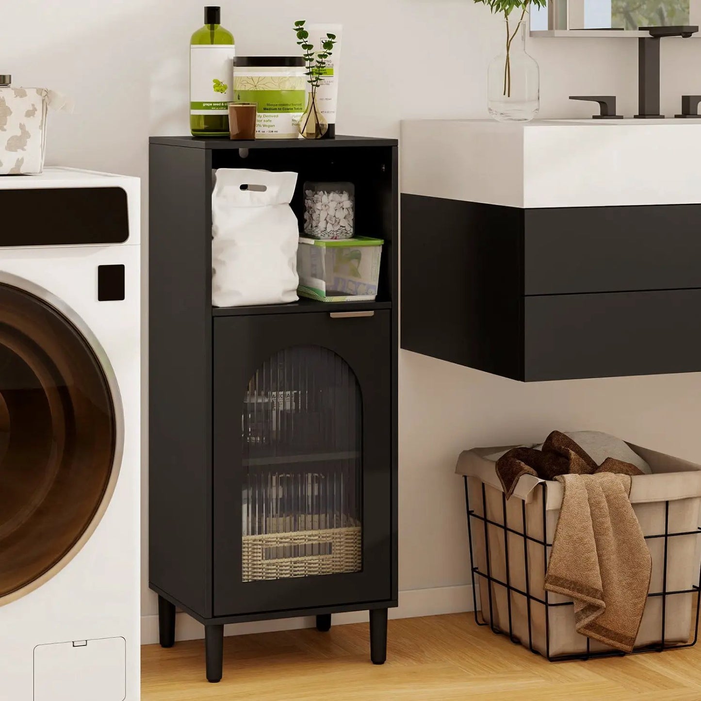 Bathroom Floor Cabinet With Glass Door Adjustable