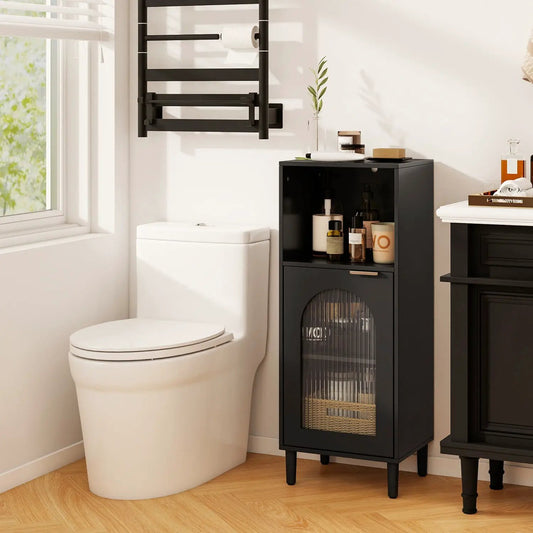Bathroom floor cabinet by DirectDeals, black with adjustable shelf and glass door, bottles on Tampa Home & Garden Store