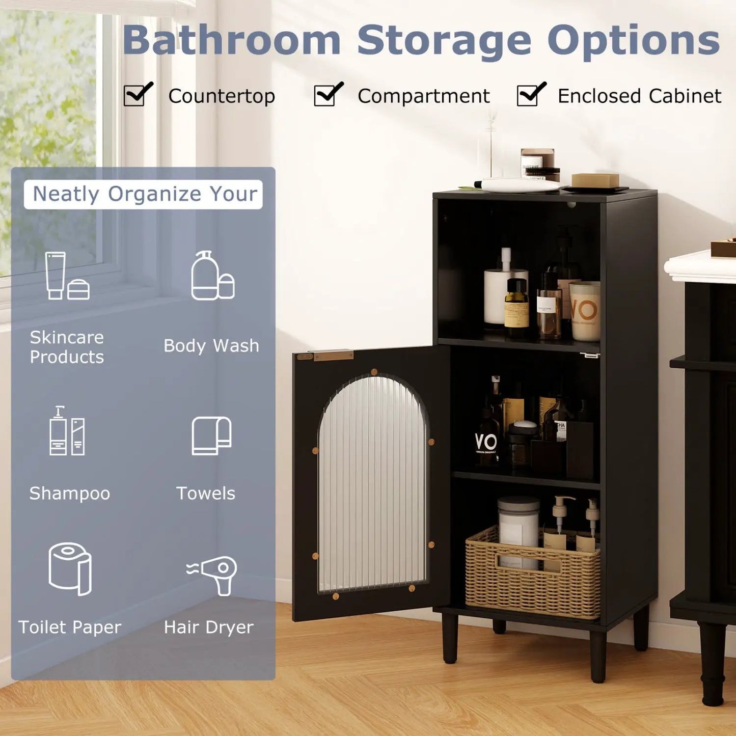 Bathroom Floor Cabinet With Glass Door Adjustable