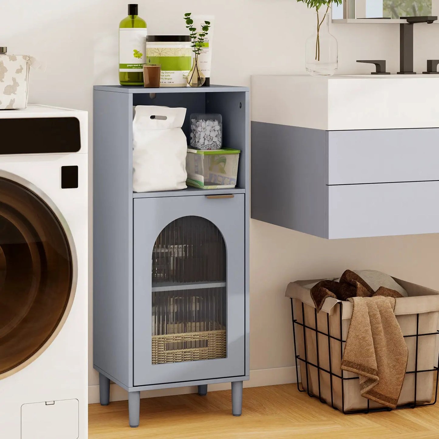 Bathroom Floor Cabinet With Glass Door Adjustable