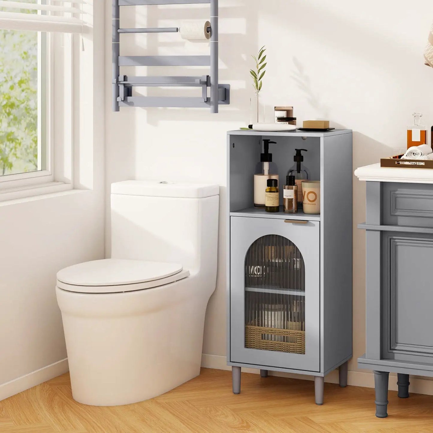 Bathroom Floor Cabinet With Glass Door Adjustable