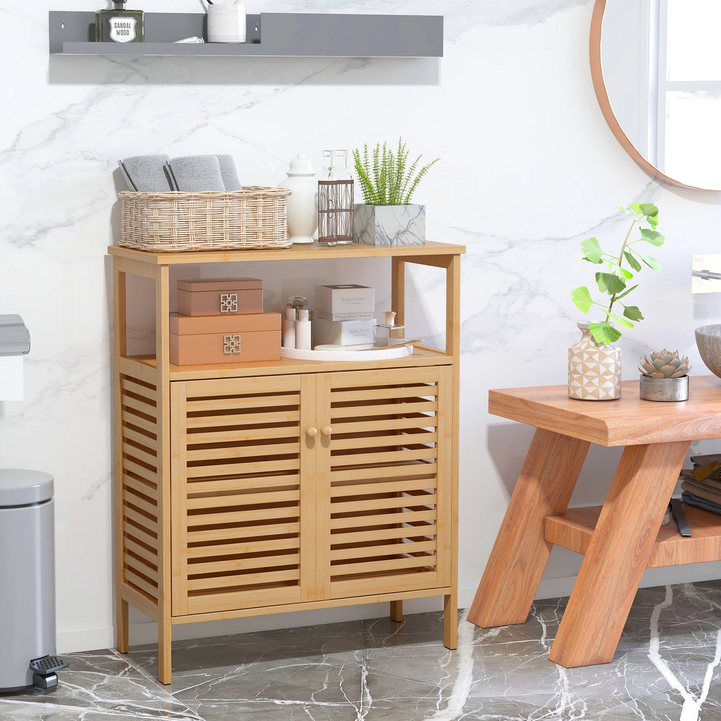 Armario de almacenamiento para baño de bambú con puertas de persiana - Natural
