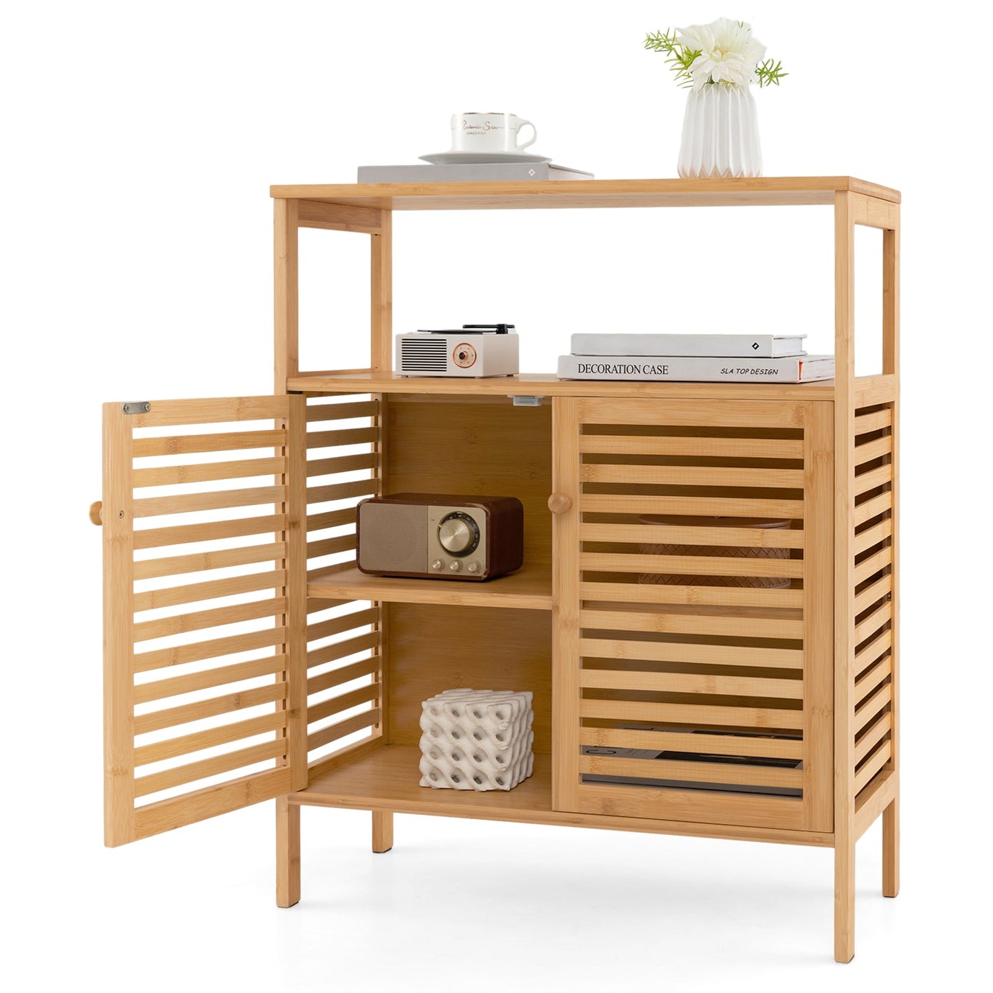 Armario de almacenamiento para baño de bambú con puertas de persiana - Natural