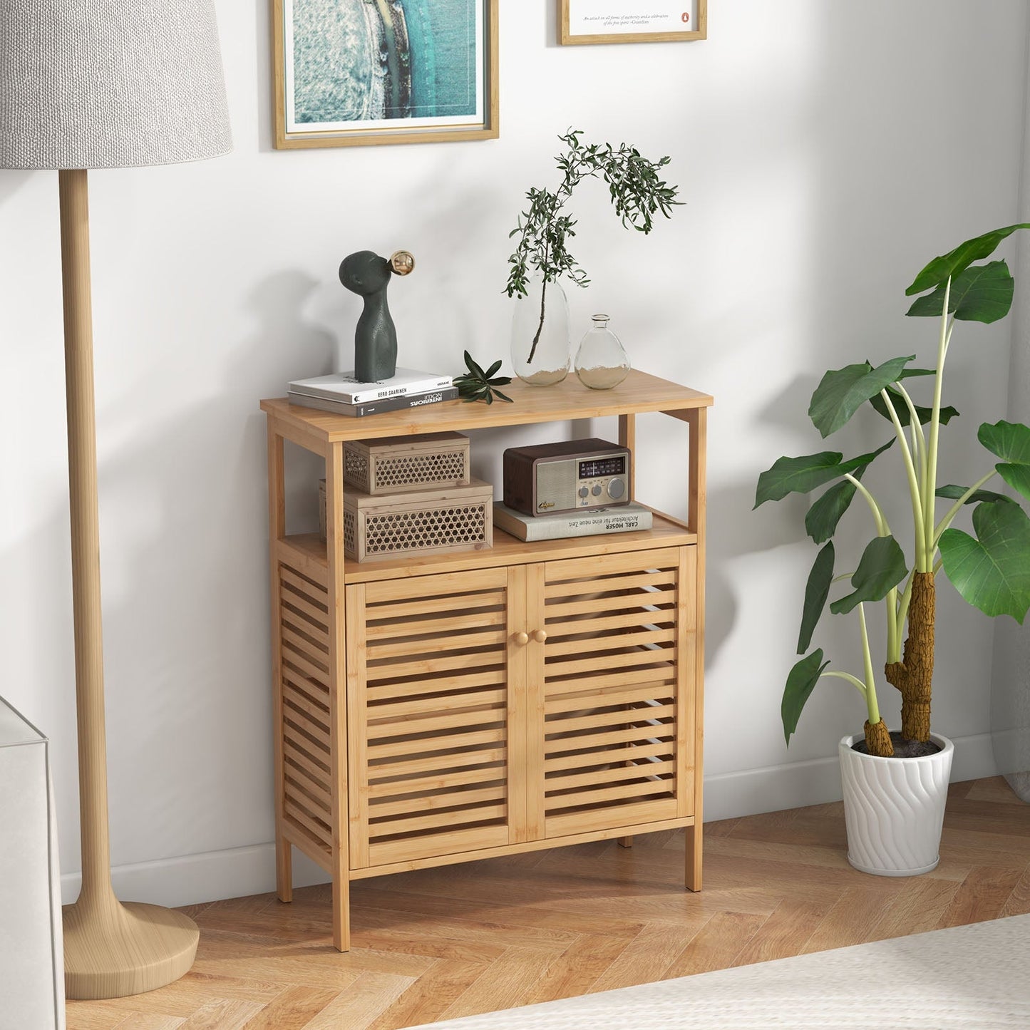 Armario de almacenamiento para baño de bambú con puertas de persiana - Natural