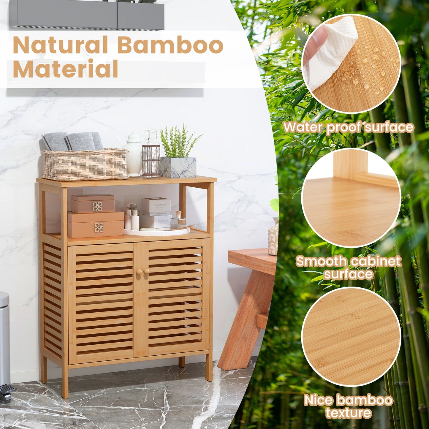 Armario de almacenamiento para baño de bambú con puertas de persiana - Natural
