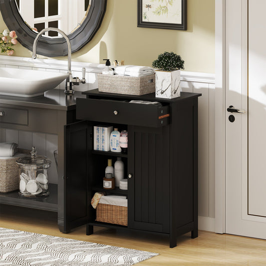 Armario de suelo para baño con 2 puertas y organizador de almacenamiento independiente - Negro