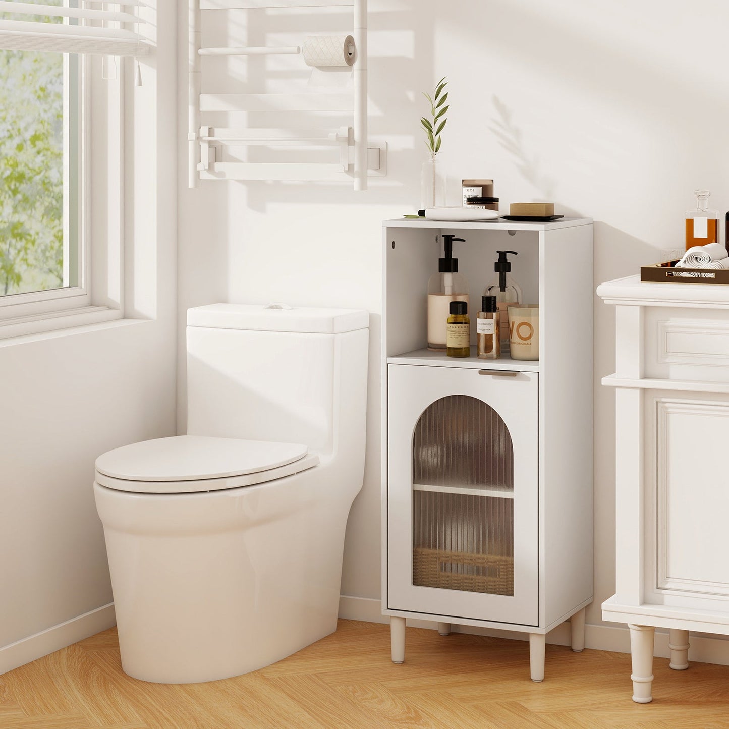 White bathroom floor cabinet with adjustable shelf and glass-front lower door DirectDeals on Tampa Home & Garden Store