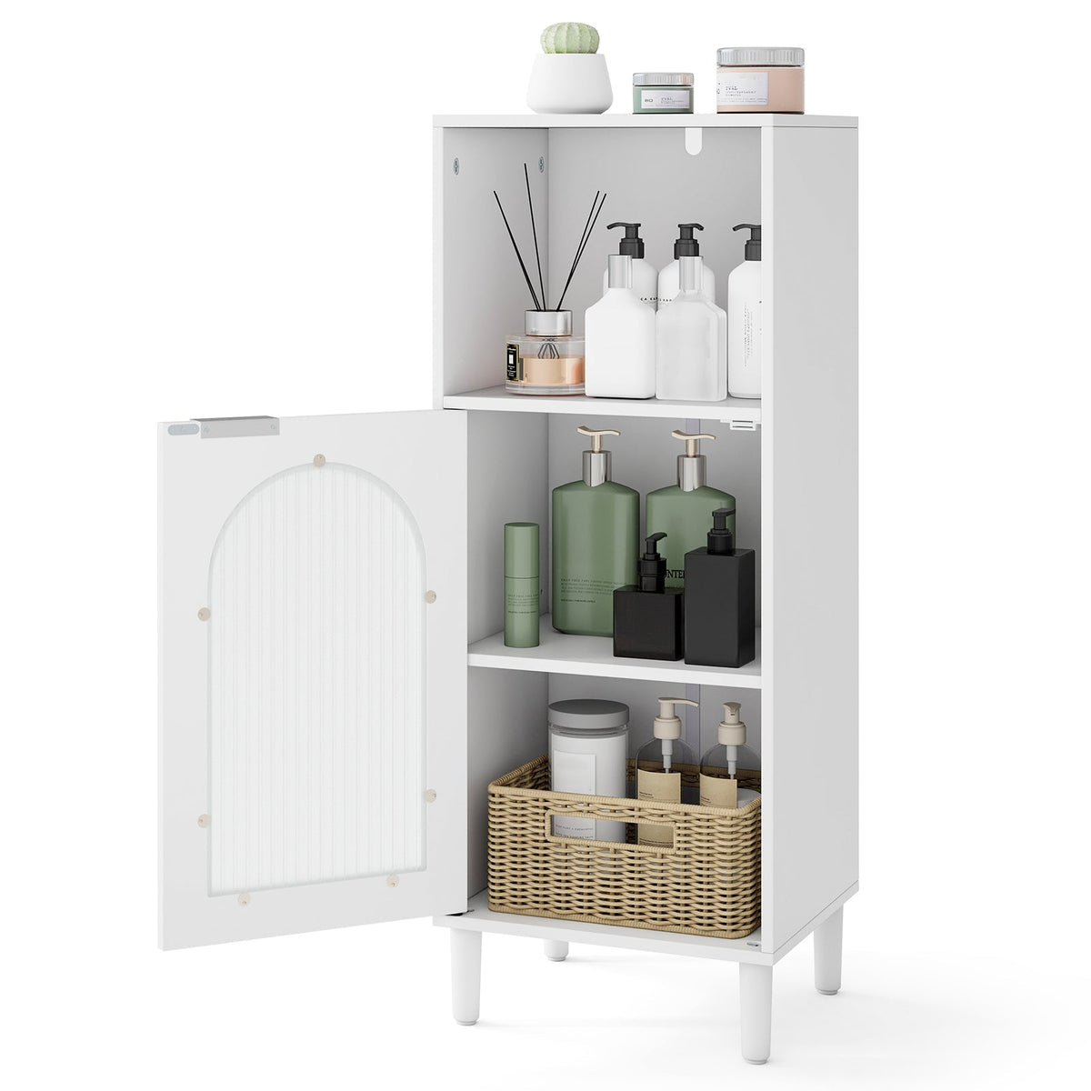 White bathroom floor cabinet with adjustable shelf and open upper storage on Tampa Home & Garden Store