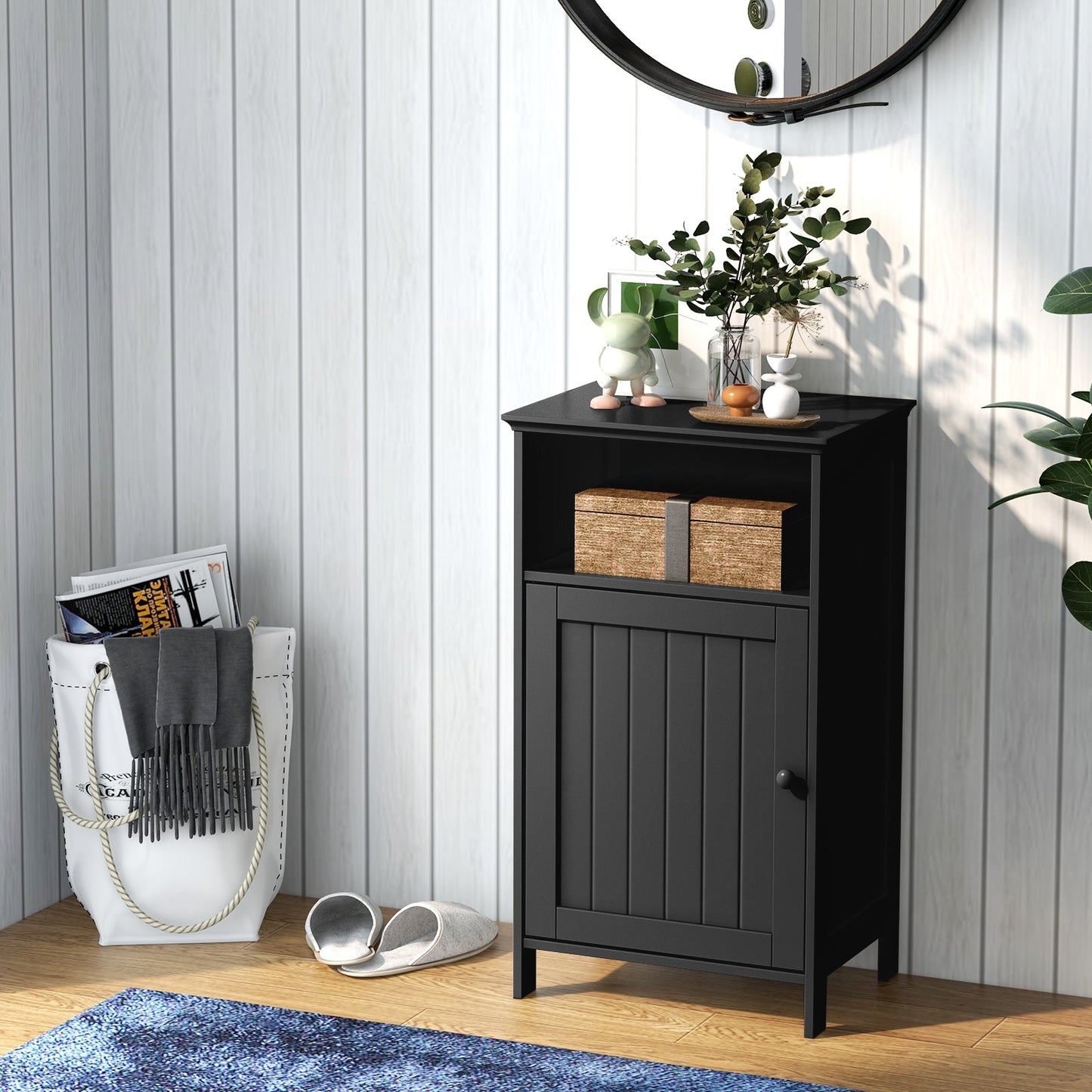 Armario de almacenamiento de pie para baño con estante ajustable - Negro