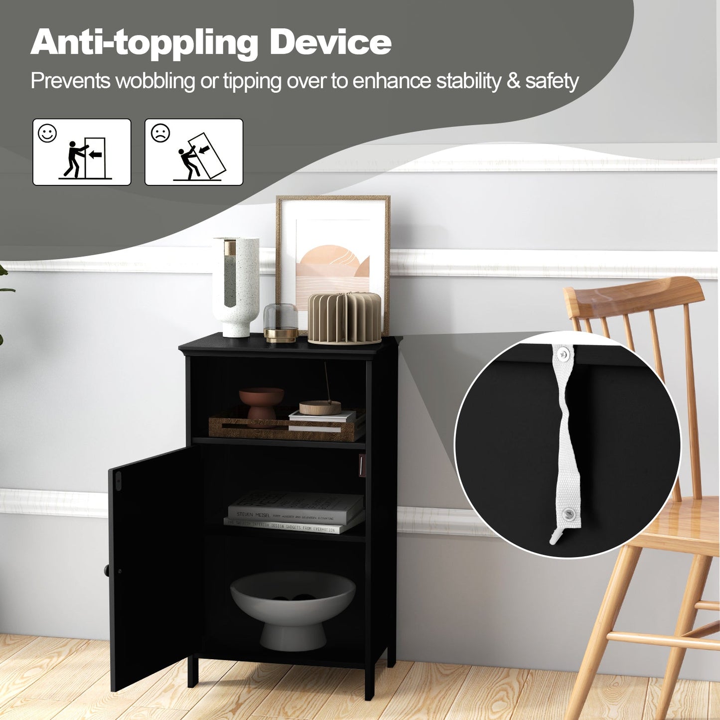Armario de almacenamiento de pie para baño con estante ajustable - Negro