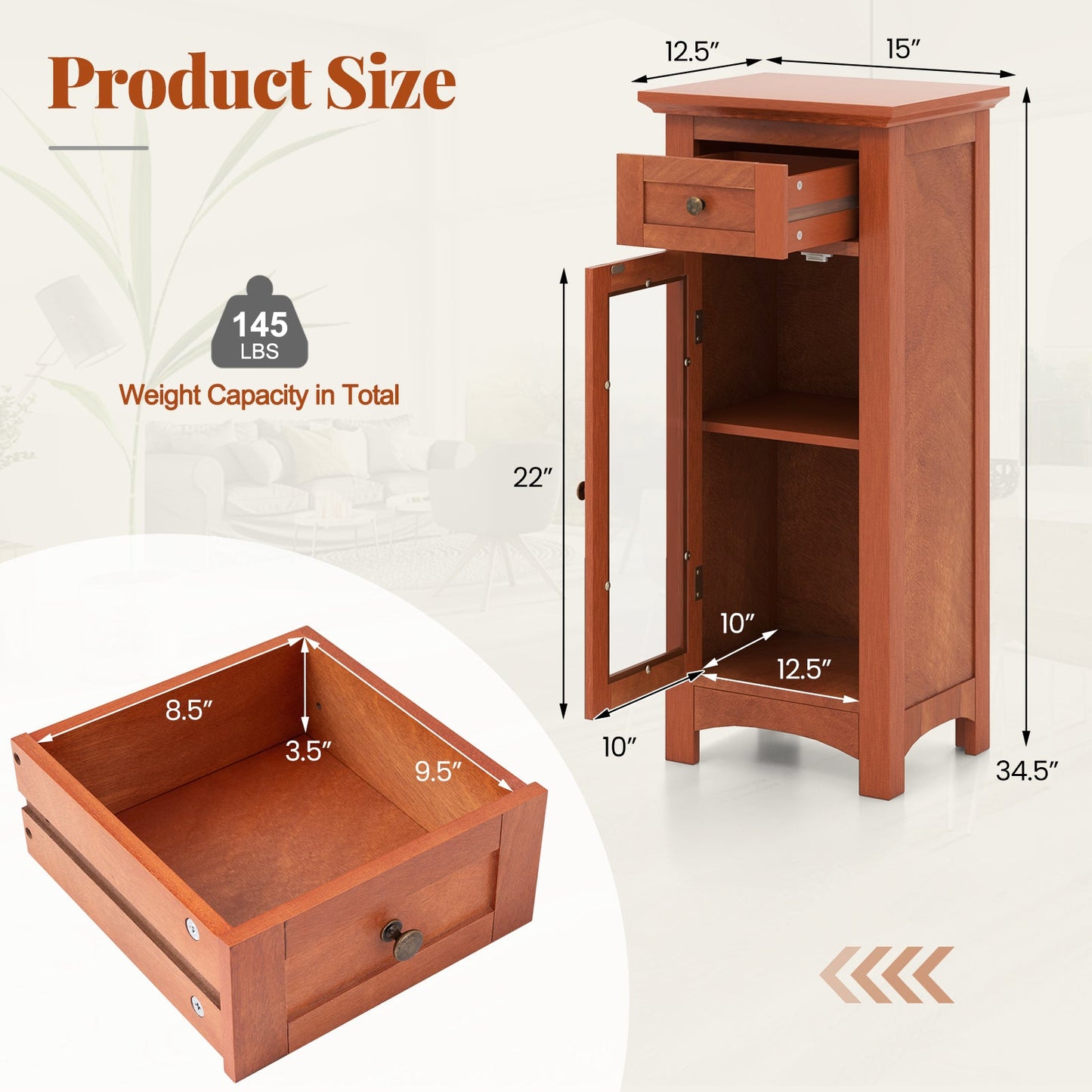 Mueble de almacenamiento de baño independiente con una puerta de cristal - Marrón