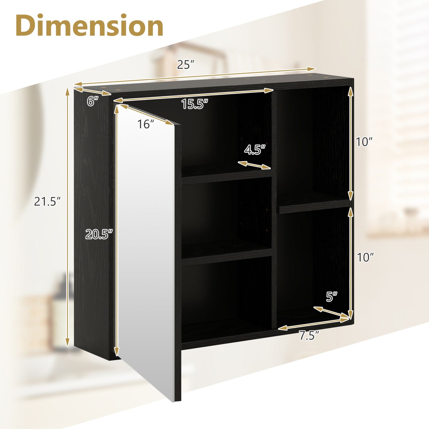 Botiquín de baño con puerta de espejo individual - Negro