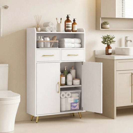 White freestanding bathroom cabinet with 2 drawers and upper open shelf, gold handles and legs on Tampa Home & Garden Store