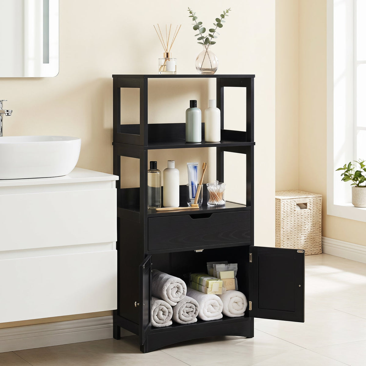 Bathroom Floor Cabinet with Open Shelves and Drawer in black wood by DirectDeals on Tampa Home & Garden Store