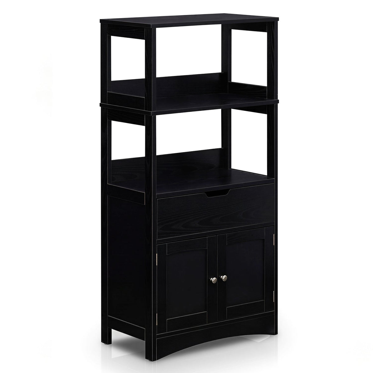 Bathroom floor cabinet by DirectDeals in black wood with open shelves and lower double doors on Tampa Home & Garden Store