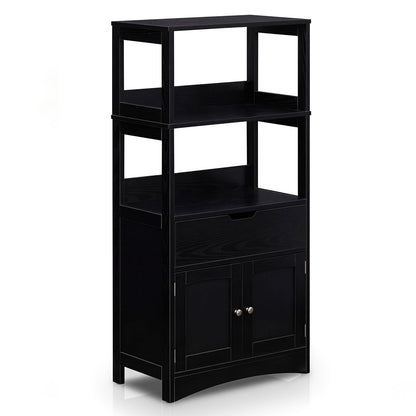 Bathroom floor cabinet by DirectDeals in black wood with open shelves and lower double doors on Tampa Home & Garden Store