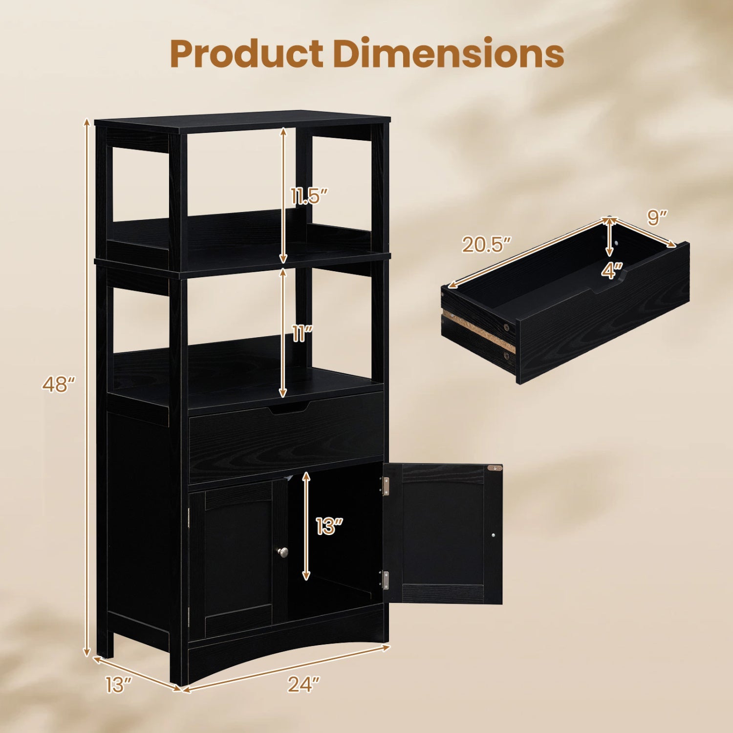 Bathroom Floor Cabinet with Open Shelves and Drawer by DirectDeals, black wood finish on Tampa Home & Garden Store