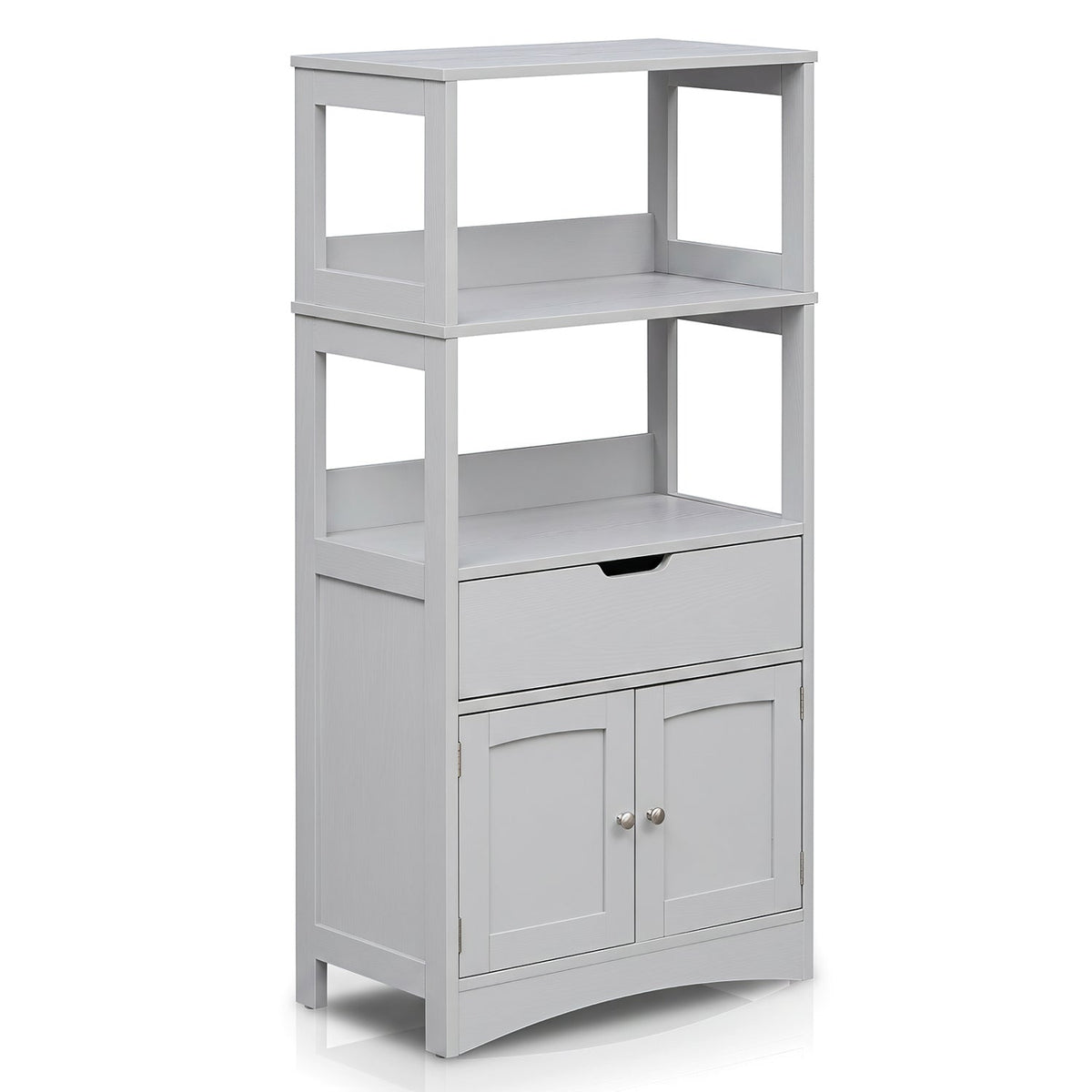 Bathroom Floor Cabinet with two open shelves, a drawer and lower double doors in light gray on Tampa Home & Garden Store