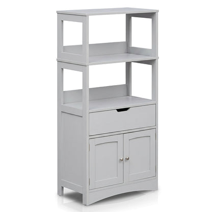 Bathroom Floor Cabinet with two open shelves, a drawer and lower double doors in light gray on Tampa Home & Garden Store