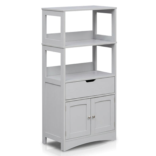 Bathroom Floor Cabinet with two open shelves, a drawer and lower double doors in light gray on Tampa Home & Garden Store