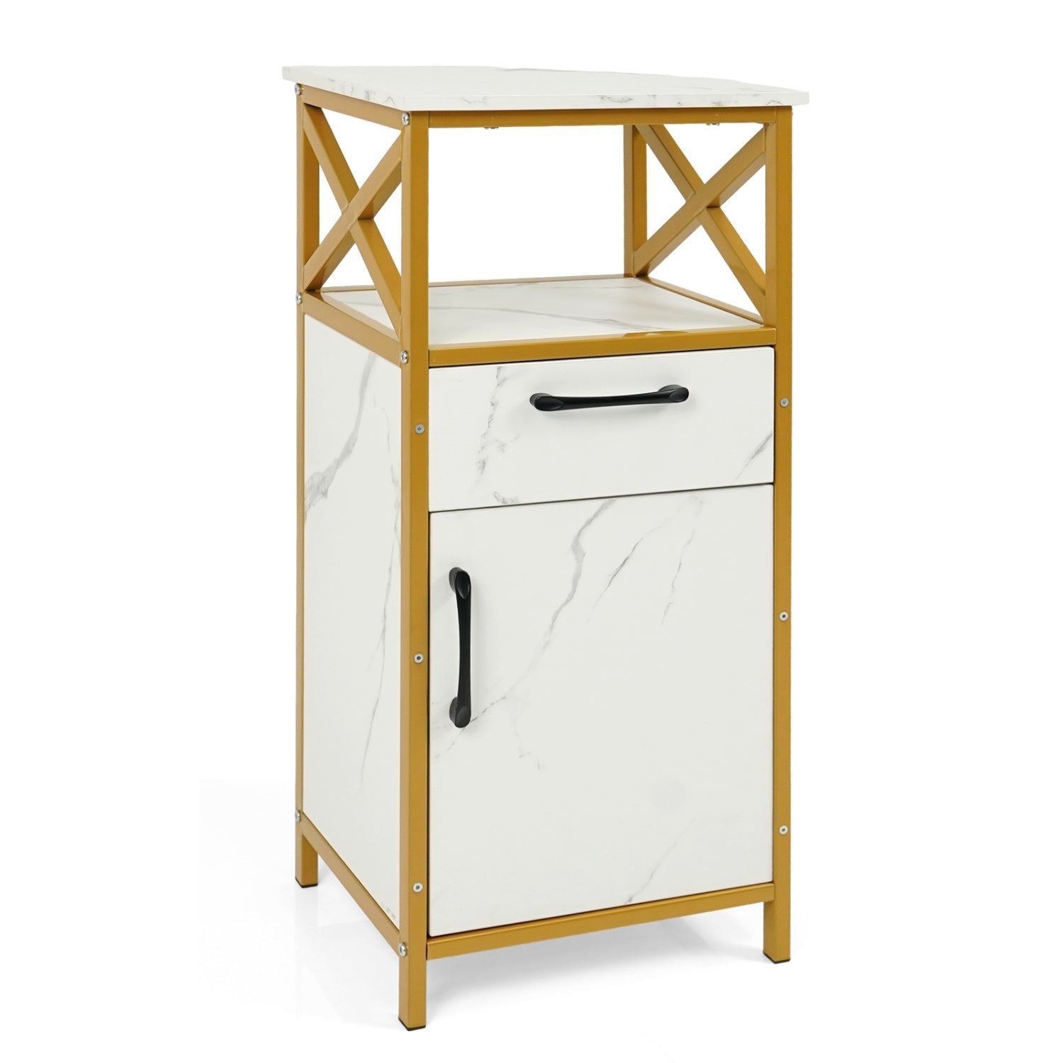Bathroom storage cabinet with drawer and open shelf white marble panels gold frame DirectDeals on Tampa Home & Garden Store