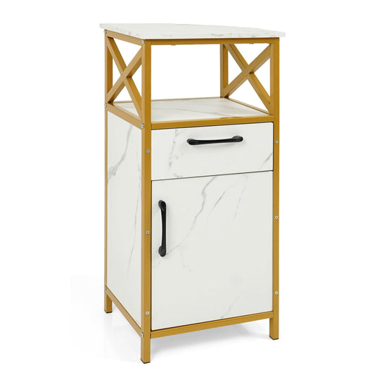 Bathroom storage cabinet with drawer and open shelf white marble panels gold frame DirectDeals on Tampa Home & Garden Store